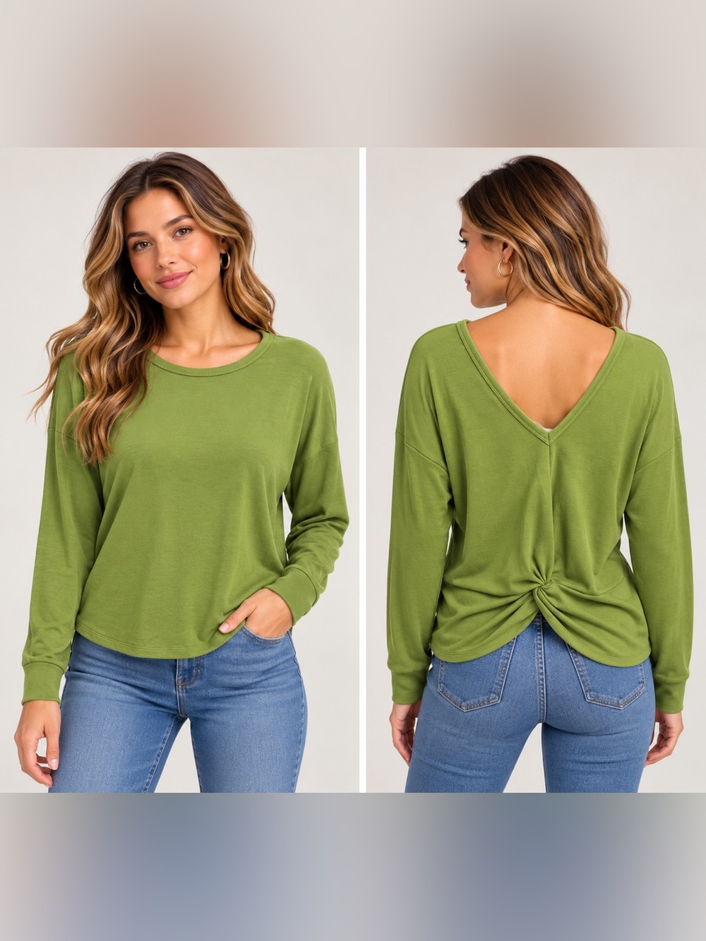 CAbi Reversible Olive Green Long Sleeve Twist-Back Top